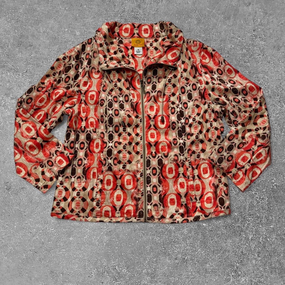 Ruby Rd Womens Size 10 Zip Up Jacket Red Black Beige Abstract Geometric Pattern